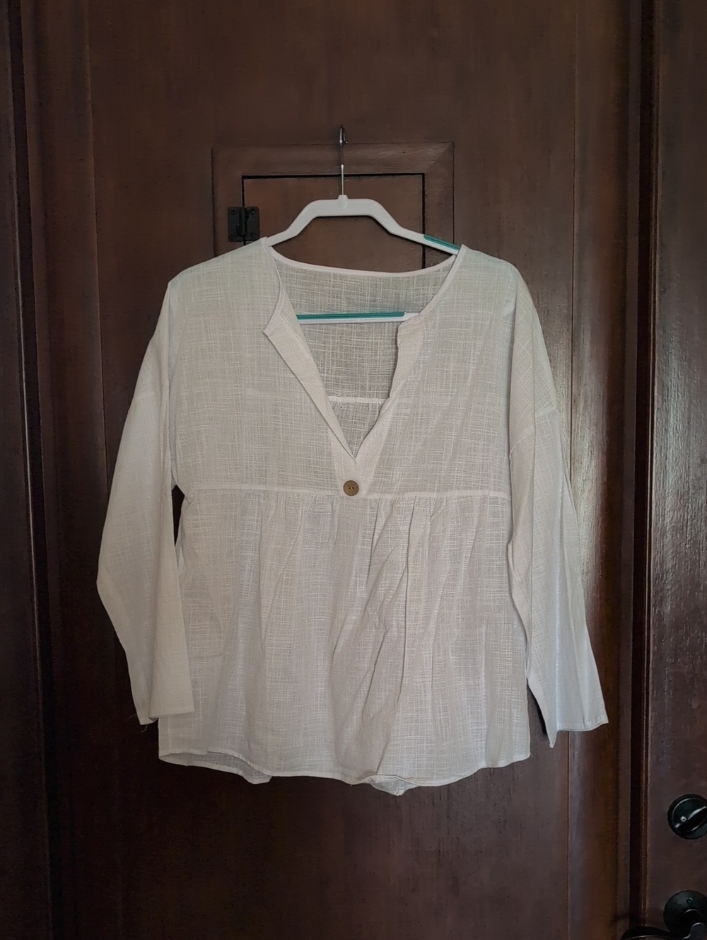 Lightweight Cream Split-Neck Button Peasant Tunic